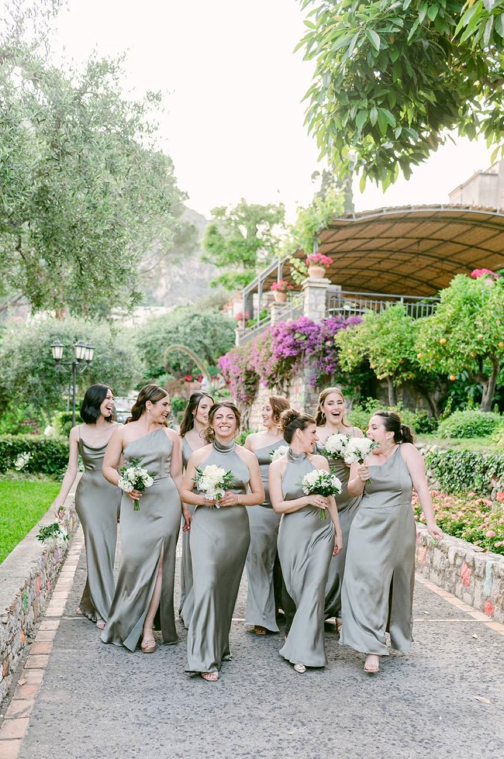 Bridesmaids in olive-green dresses